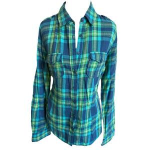 Y2K Aeropostale Flannel Women L Green Plaid Blue VTG Outdoor Preppy Dog LOGO